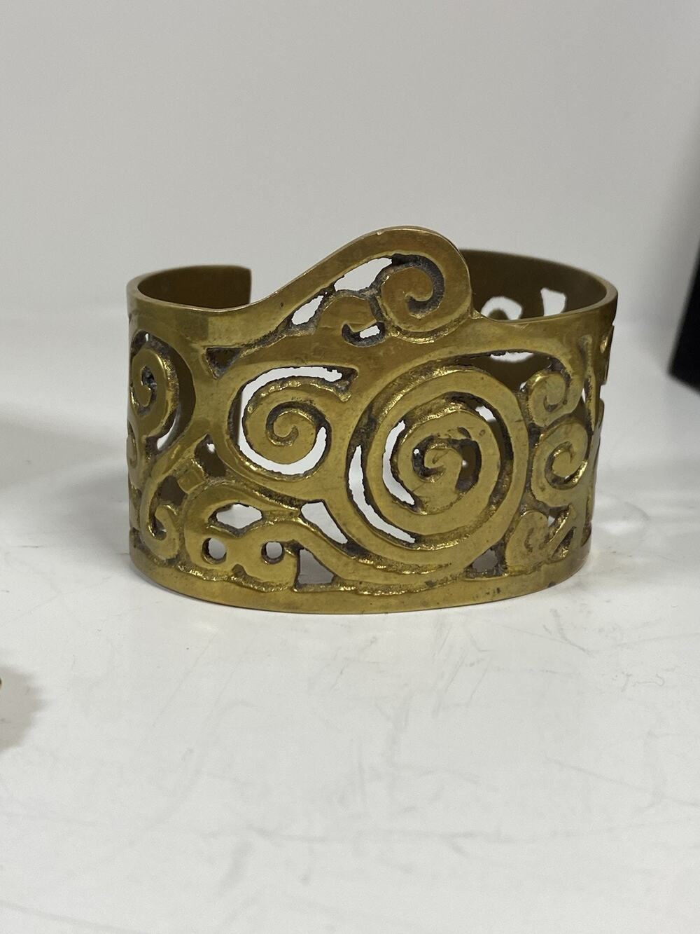 Antique Artisan Modernist Etruscan Egyptian Brass Cuff Bangle Bracelet